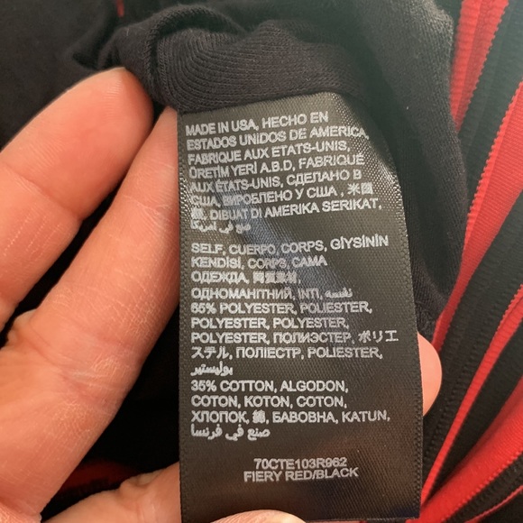 Bebe Black and Red Strapless Wavy Striped Body Con Midi Dress - Picture 9 of 10